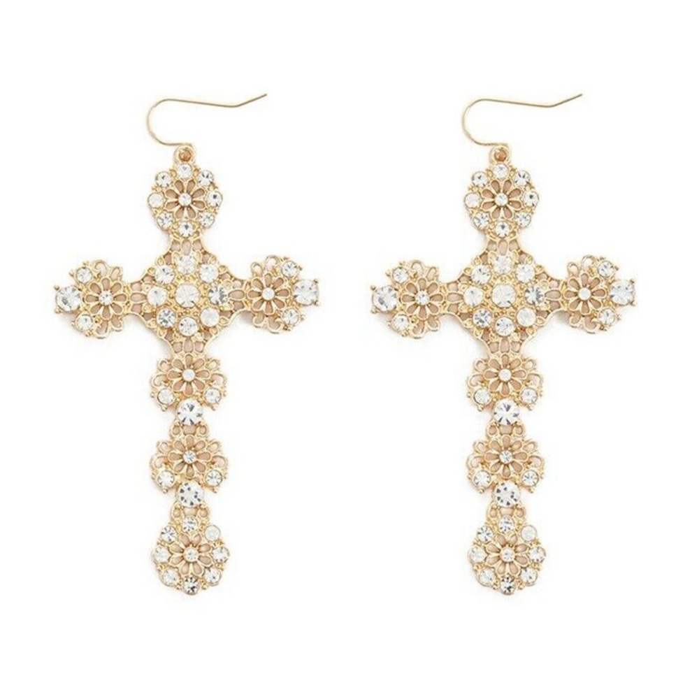 🔥4/$20 Ornate Cross crystal rhinestone earrings fish-hook back baroque period